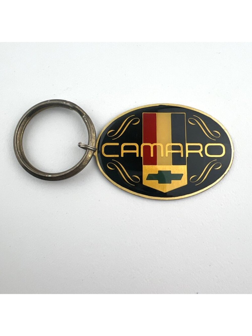 Vintage 80S Camaro Brass Oval Keyring Aminco USA Made Chevy Black Yellow Red